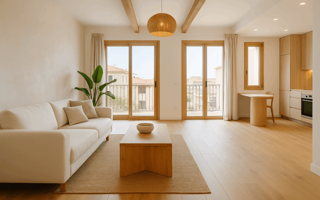 Reformas integrales en Torrevieja: Salón moderno reformado con estilo mediterráneo, iluminación natural y acabados contemporáneos.